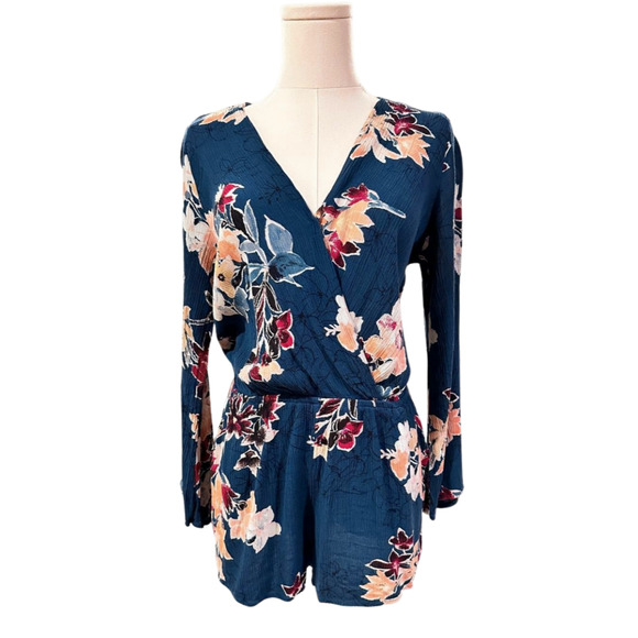 Lulus Teal Green Floral V Neck Faux Wrap Long Sleeve Romper Medium - Picture 1 of 10
